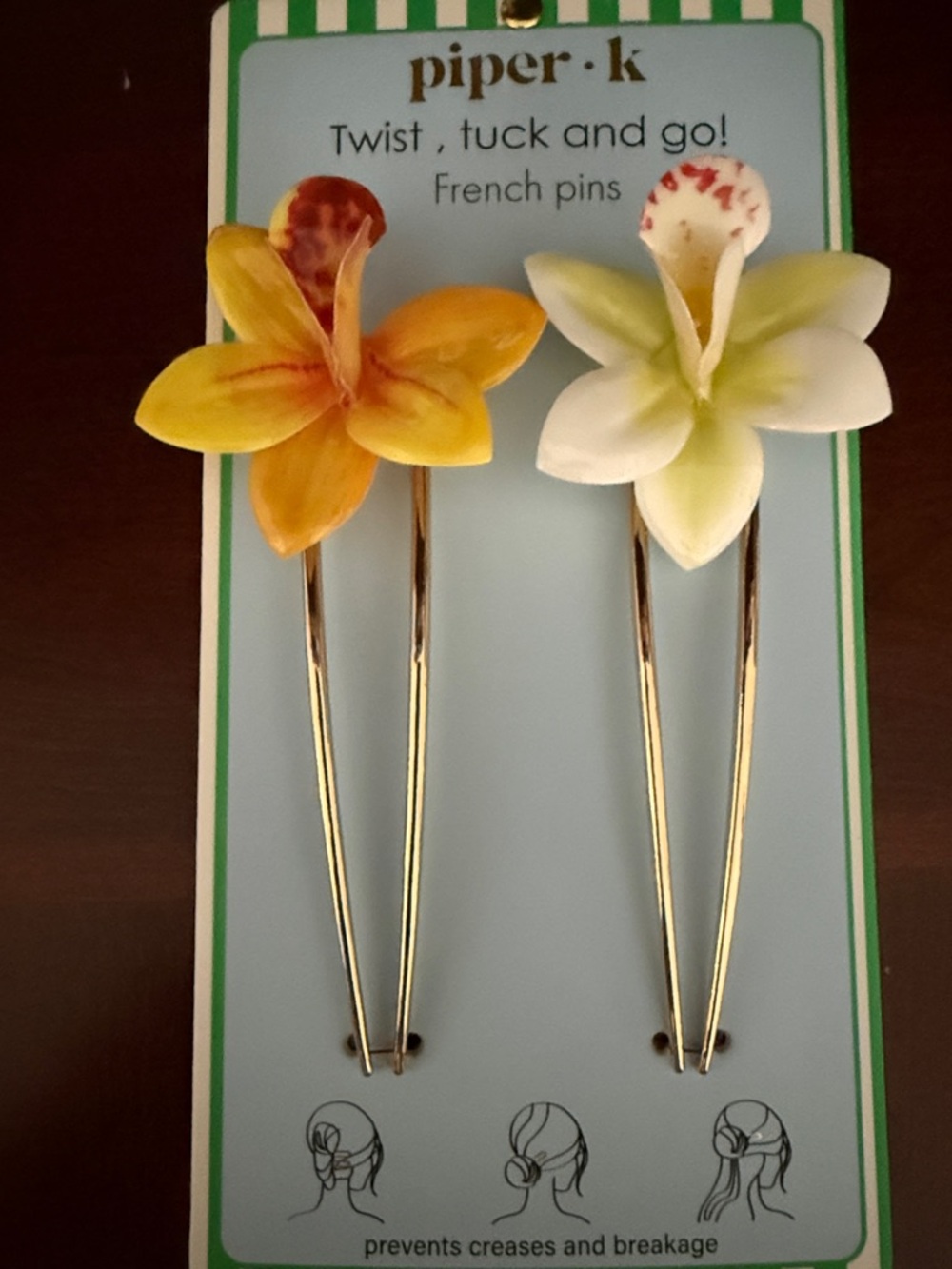 Piper.K Floral Plumeria French Pins in Yellow and White 2PK twist tuck and go!